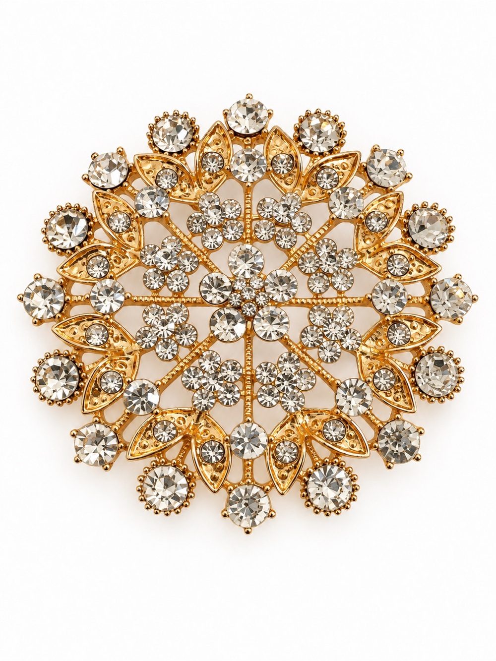 Gold-Tone Rhinestone Floral Sunburst Brooch